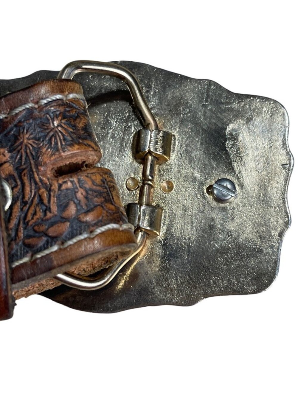 Vintage Guns Buckle Hologram Semi Trucks Leather Tooled Belt 'Bill' Size 36 - Picture 3 of 11